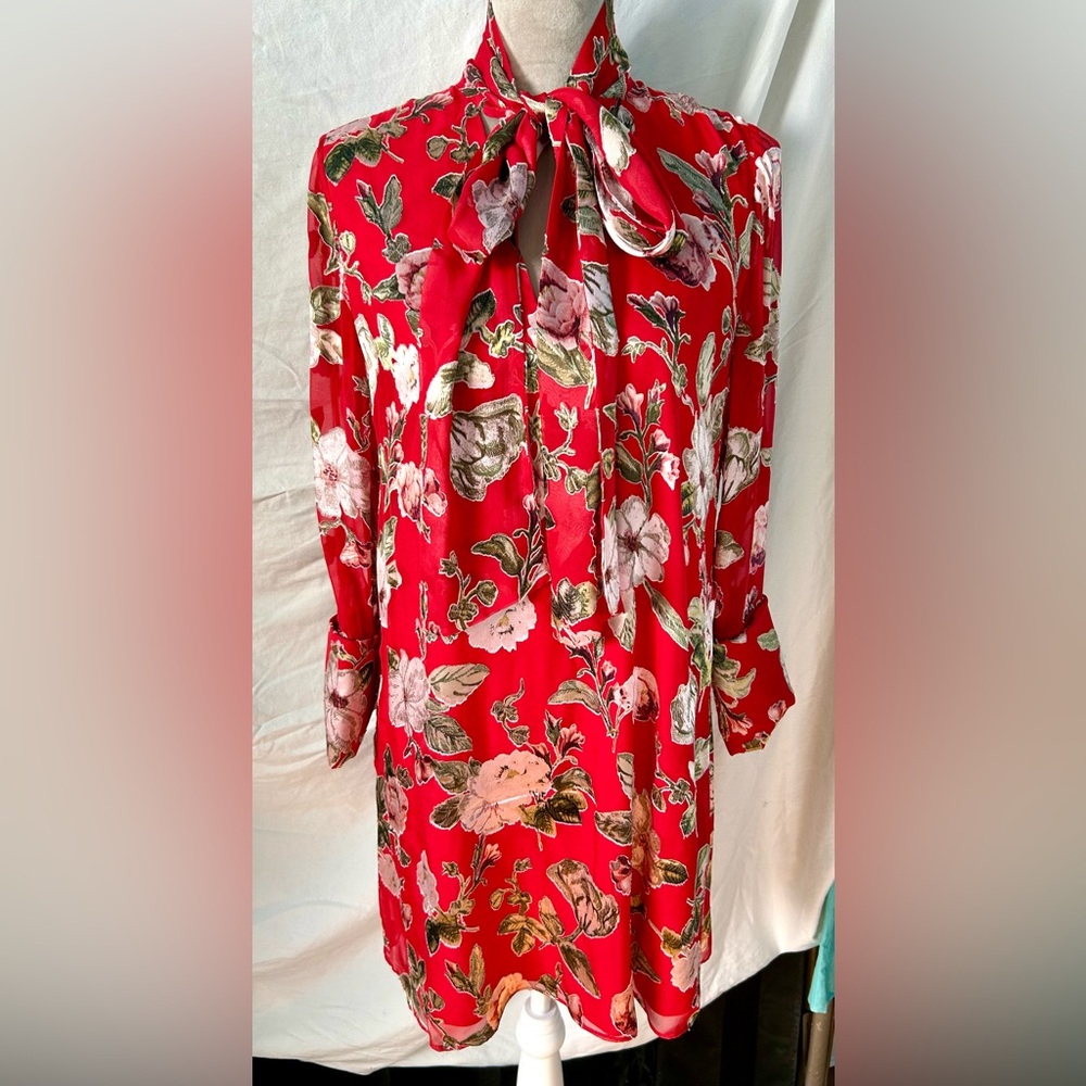 Alice + Olivia Red Silk Blend Shift Dress w/ Pink Flowers, Size L